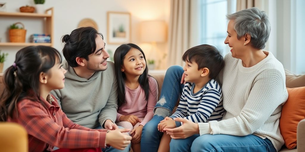 Familie im Gespräch in einem gemütlichen Wohnzimmer.