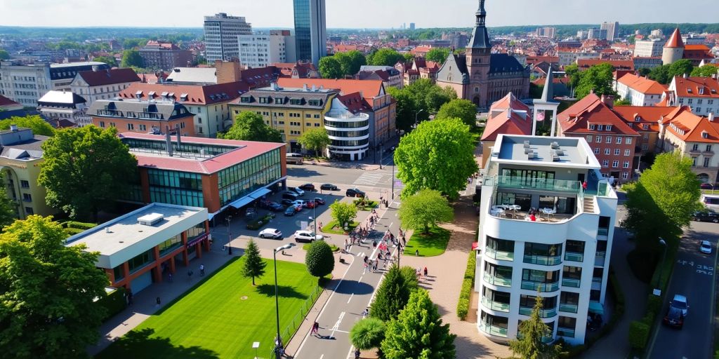 Jobs in Hildesheim: Stadtansicht von Hildesheim mit modernen Gebäuden und Parks.